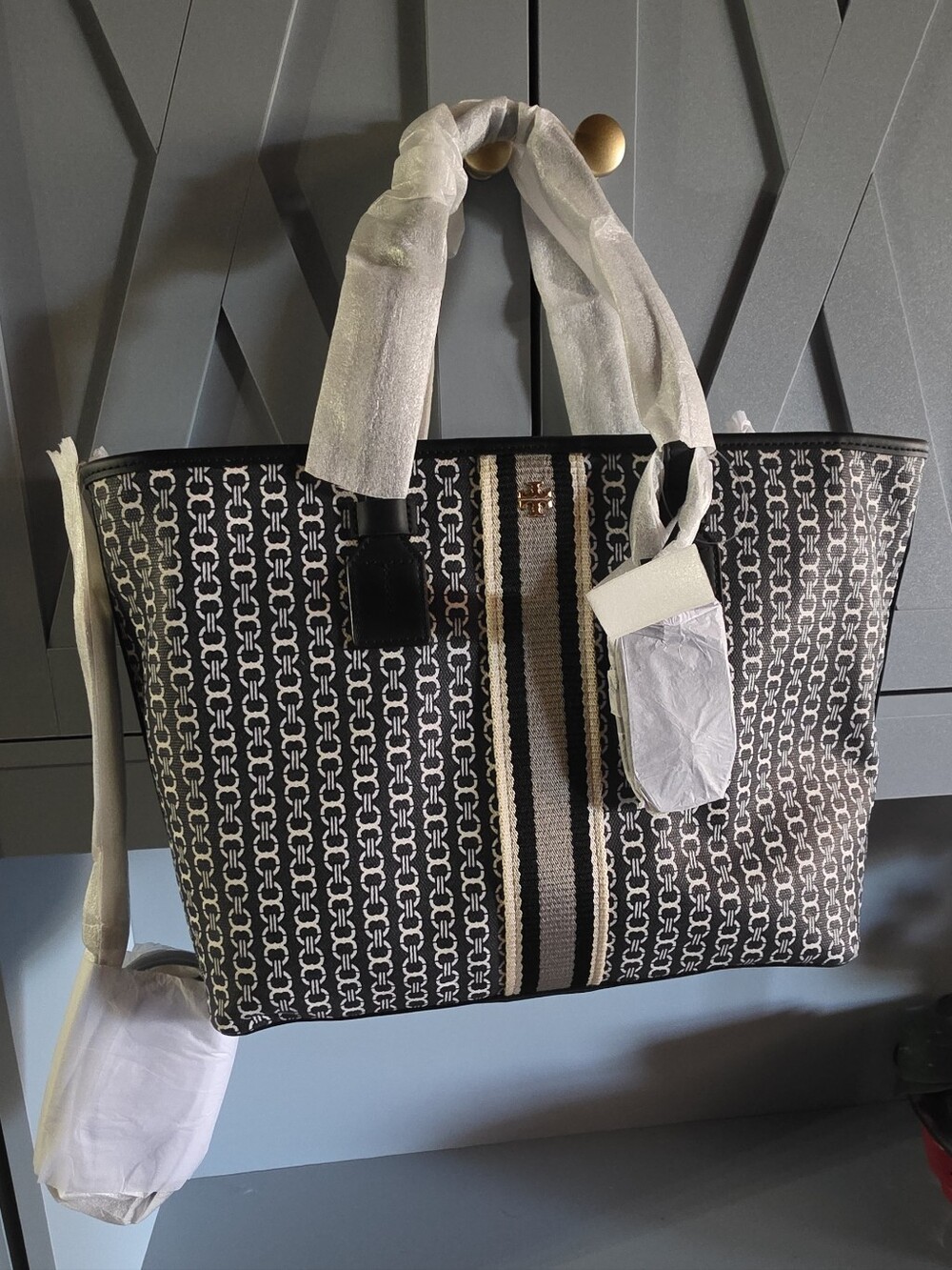 Tory Burch Black and Cream Patterned Canvas Tote with Striped Center